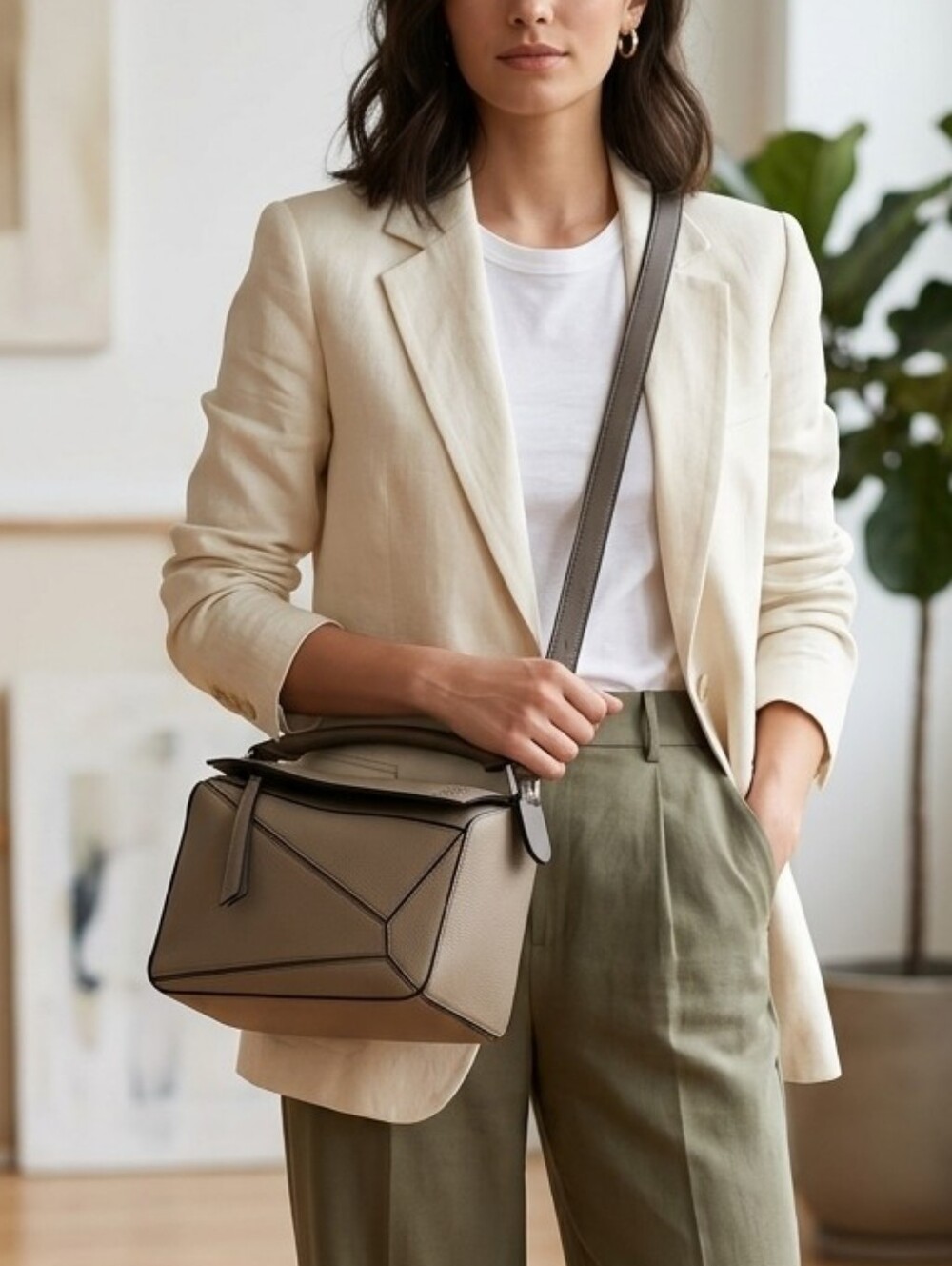 Brand NEW Taupe Geometric Crossbody Bag Tote Shoulder Handbag Satchel + Strap